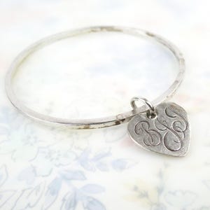 Uncommon Allan Adler sterling silver bangle bracelet with engraved monogram heart charm