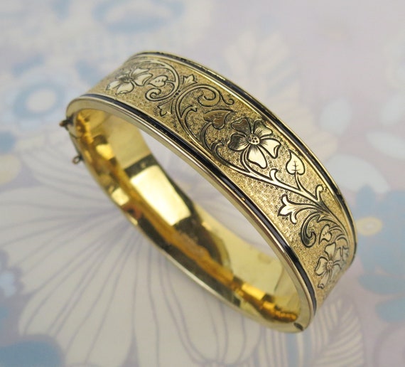 Antique Victorian Gold Filled chased enamel bangl… - image 1