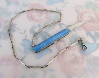 Antique white gold filled 13 1/2 inch watch chain with blue guilloche enamel sterling silver pen knife and dog swivel clasp