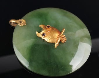 Natural green nephrite 8k owl and yellow gold nugget on the 12k gold filled bail unusual pendant