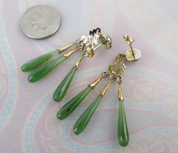 Triple dangle natural nephrite jade 10k gold vint… - image 10