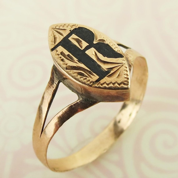 Signet Ring Letter R Antique Victorian signet letter R monogram 10k yellow… - Gem