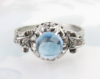 Art Deco Aquamarine Cabochon Platinum Ring: 1930s Diamond Accent, Size 5.25