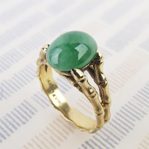 Vintage 14k Yellow Gold Bamboo Ring: Fei Cui Green Jade, Size 5.25