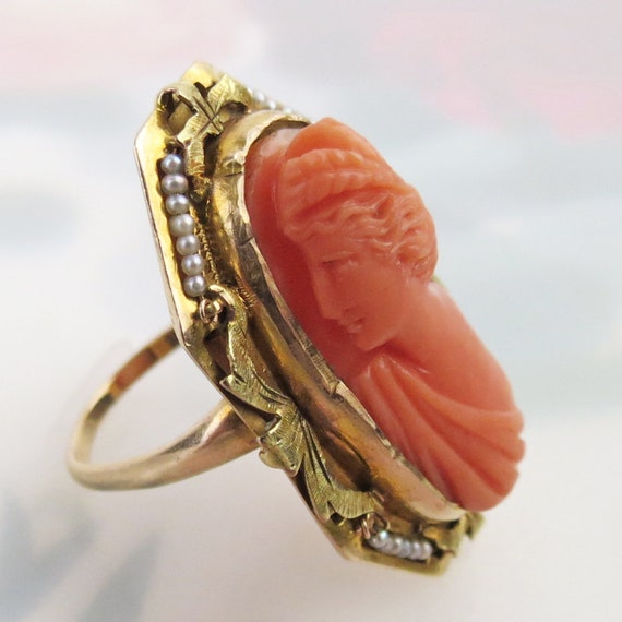 Ornate estate antique carved coral cameo ring wit… - image 6