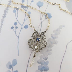 Antique platinum mine cut diamond sapphire center pearl dangle pendant with 14k yellow gold chain