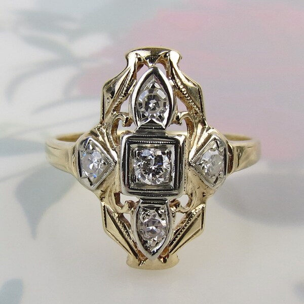 Vintage art deco 1930s five diamond shield ring 14k white and yellow gold size 6.25