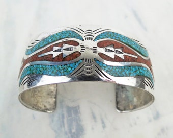 Modernist phoenix vintage Navajo turquoise coral inlay sterling silver cuff bracelet signed BB