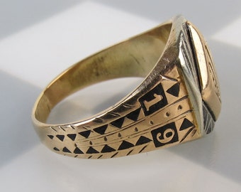 Geometric black enamel art deco dated 1932 10k yellow gold HWS class ring size 6.25