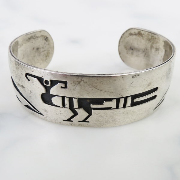 Dramatic Native American abstract elongated desert quail bird sterling silver overlay vintage cuff bracelet