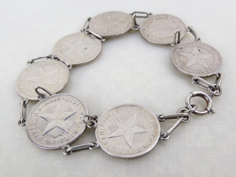 1910s Diez Centavos coin link sterling silver bracelet