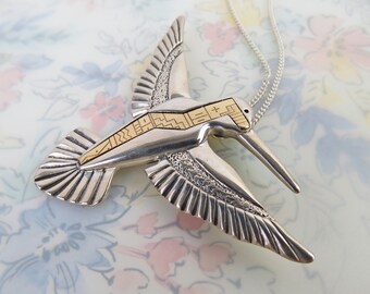 Roderick Tenorio Carolyn Pollack 14k gold sterling hummingbird brooch pendant with sterling chain