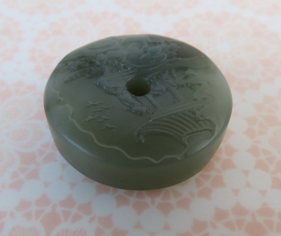 Dark sea green carved two sided garden scene Chin… - image 4