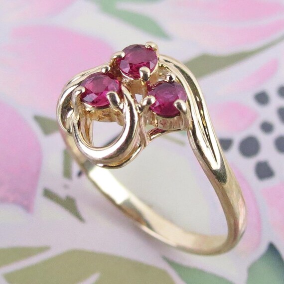 Natural deep red natural three ruby cluster 14k y… - image 2