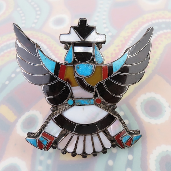 Exceptional Zuni vintage sterling silver mutli gem inlay Knifewing brooch