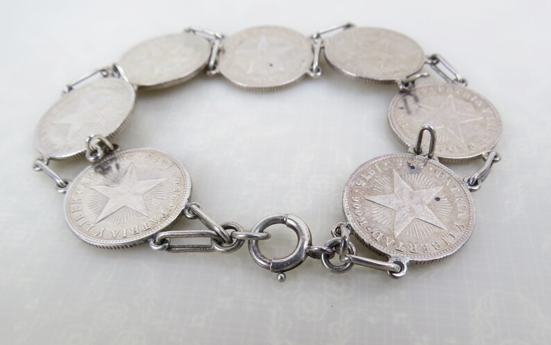 1910s Diez Centavos coin link sterling silver bracelet