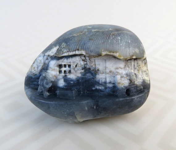 Two gray tones with white carved natural single stone nephrite carved house in stone statue desk weight