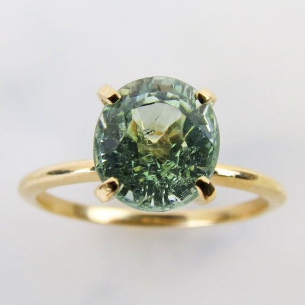 Natural pastel two carat fancy faceted light minty green tourmaline set in 14k yellow gold signed solitaire ring size 7