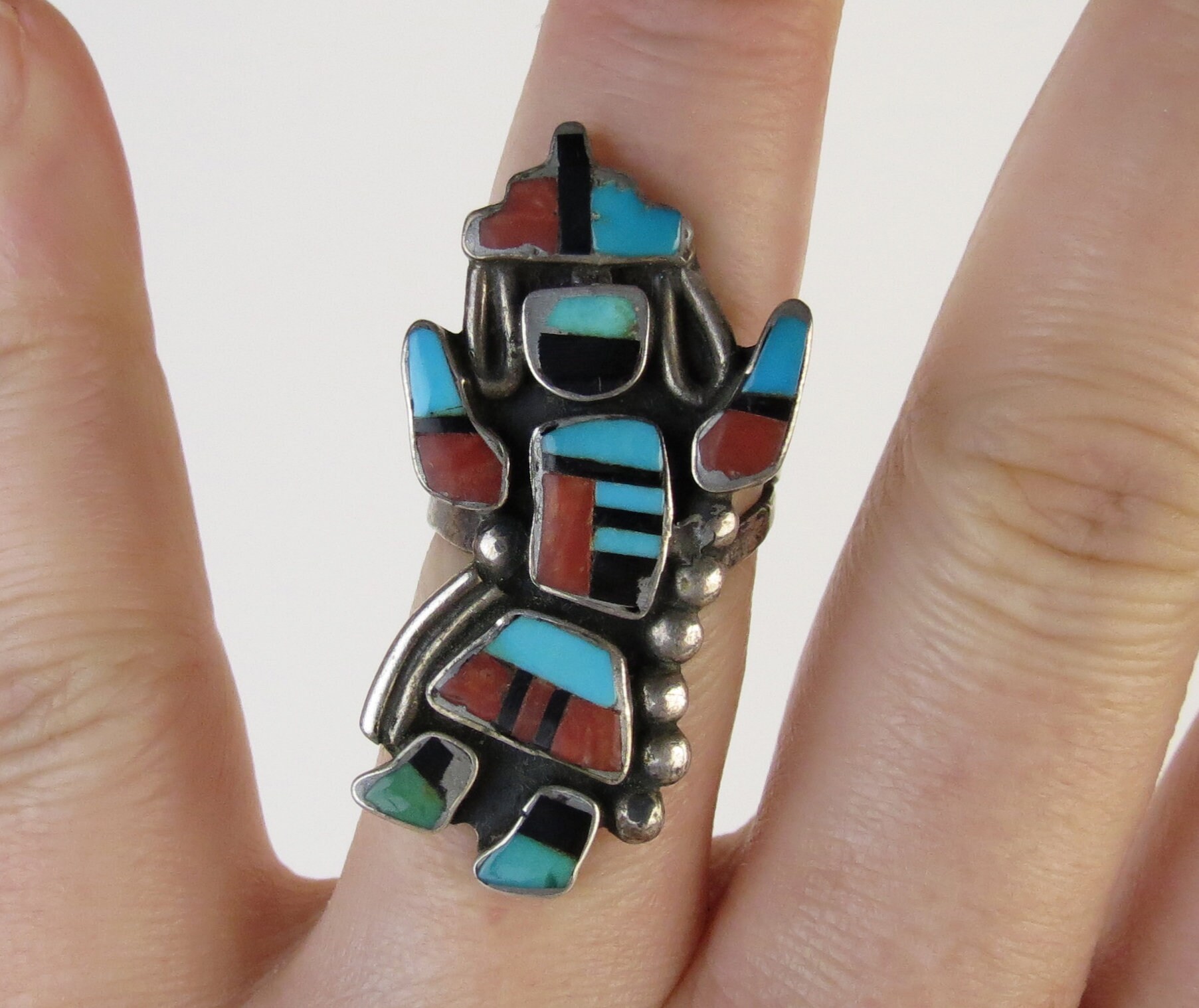 Flo Panteah Huge Vintage Native American Zuni Turquoise Sterling Silver Kachina Ring Flo Panteah Huge Vintage Native American Zuni Turquoise Sterling Silver Kachina Ring