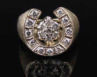 10 Gram 1.16 tw round brilliant diamond 14k yellow gold satin finish vintage classic horseshoe ring size 10.25