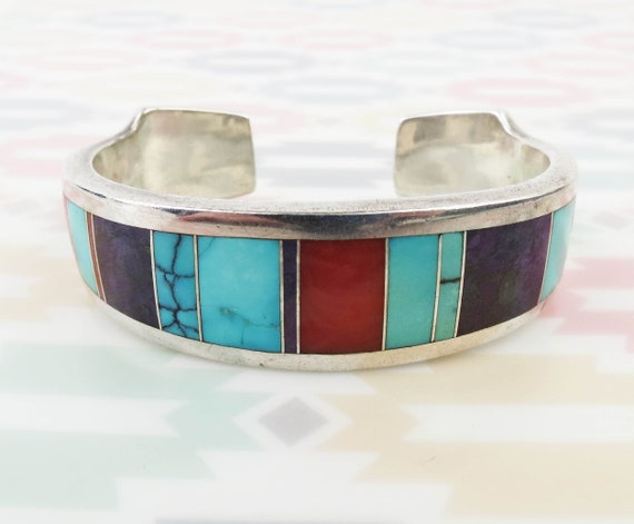Native American Superb Vintage Turquoise Inlay Sterling Silver Bracelet Cuff Native American Superb Vintage Turquoise Inlay Sterling Silver Bracelet Cuff