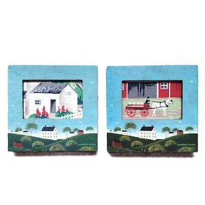 Vintage Warren Kimble Framed Barkcloth Art: Americana Cottage Decor