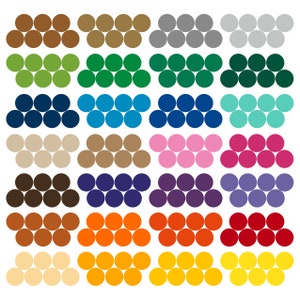 May include: A collection of colorful, circular stickers in various shades, including brown, green, blue, pink, purple, orange, and yellow. Each color is grouped in sets of six, arranged in a grid pattern against a white background.