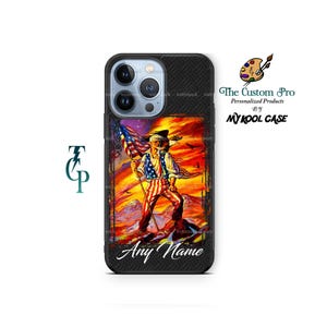 May include: A black iPhone case with a textured design. The case features a colorful image of a person holding an American flag. The text "Any Name" is printed on the bottom of the case.