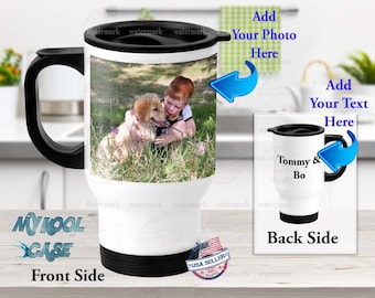 14 oz Stainless Steel Photo Travel Mug with handle - Personalized with your Photo Logo or Artwork - Double Wall Insulated Mug - Custom Gift