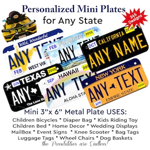 Mini Any State License Plates - Customized Metal Plates for Bicycles, Kid Riding Toy, Kid Vehicles - Personalized Christmas Gift w Name Year