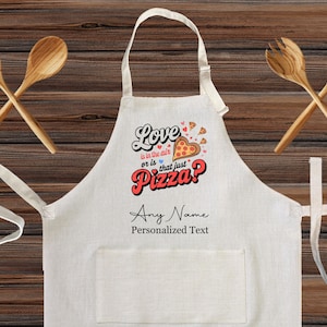 Personalized Cooking Linen Kitchen Apron, Love is in the Air or is that Pizza design for kids and Adults, Customized Pizza Apron family gift