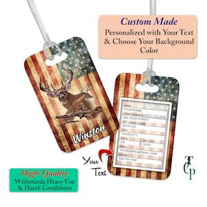 Custom Deer Buck Distressed American Flag Bee Bag Tag - Personalized Luggage Tag - Backpack Name Tag - Custom Gift for Hunter&#39;s Rifle Bag