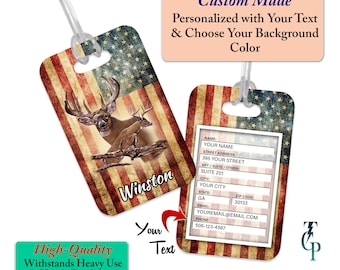 Personalized Deer Buck American Flag Luggage Tag – Hunter Gift