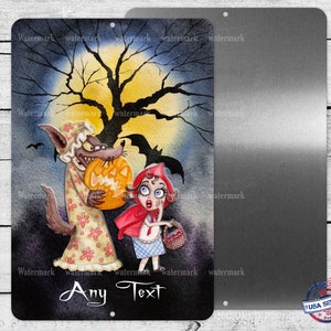 Halloween Caperucita Roja Wolf Trick or Treat Letrero de aluminio personalizado - Etiqueta de bicicleta protegida contra los rayos UV para uso al aire libre e interior - Señal de estacionamiento