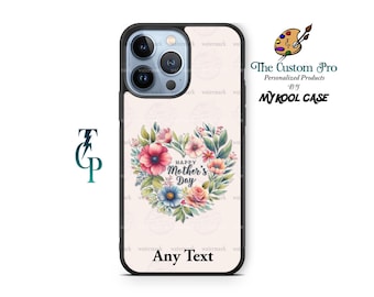 Può includere: Una custodia per telefono nera con un design floreale e il testo "Happy Mother's Day". La custodia ha uno sfondo bianco e un bordo nero. Il testo "Any Text" è nella parte inferiore della custodia.