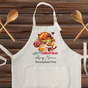 Personalized Christmas Turkey Dinner Linen Kitchen Apron, Vintage Holiday Customized cooking high quality apron for adult and kids Xmas Gift
