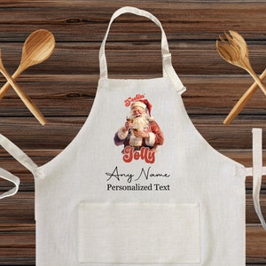 Customized Santa Claus Feeling jolly Linen Xmas Kitchen Apron, personalized cooking apron for kids and Adults, Custom Christmas design gift