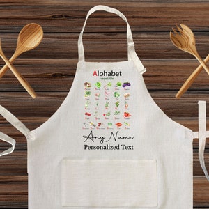 Personalized Linen Kitchen Apron with pocket, Customized cooking apron for kids and Adults, Custom home warming gift, vegetable Alphabet
