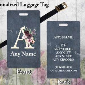 Personalized Luggage ID Tag with Leather Strap - Classy Wine Peach Rose Bouquet Floral Initial Monogram Bag Tag - Travel Accessory Gift