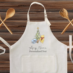 Personalized Winnie the Pooh Christmas Tree Linen Kitchen Apron, customized cooking apron for kids and Adults, Custom Christmas design gift