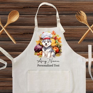Personalized Linen Kitchen Apron, Customized cooking Siberian Husky Chef apron for kids and Adults, Custom Cooking with your pet dog gift