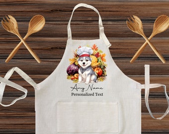 Personalized Linen Kitchen Apron, Customized cooking Siberian Husky Chef apron for kids and Adults, Custom Cooking with your pet dog gift