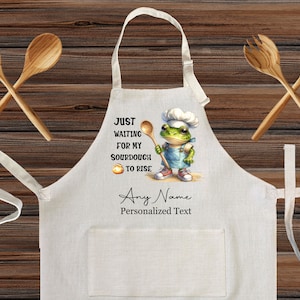 Personalized Frog Cooking Linen Kitchen Apron, customized cooking apron for kids and Adults, Custom Waiting for my Sourdough to Rise Design