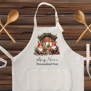 Personalized Gnome Christmas Santa Workshop Linen Kitchen Apron, Customized holiday cooking apron for adult and kids, Custom Christmas gift