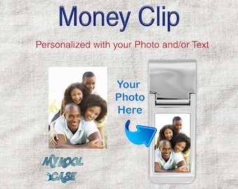 Può includere: Un fermasoldi argentato con una cornice fotografica rettangolare. Il testo "Money Clip" è visualizzato in blu e "Personalized with your Photo and/or Text" è in rosso. L'immagine mostra una foto di famiglia. Il logo "MYKOOL CASE" è in basso.