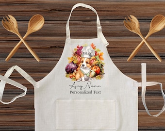 Personalized Linen Kitchen Apron, Customized cooking Pembroke Welsh Corgi Chef apron for kids and Adults, Custom Cooking w your pet dog gift