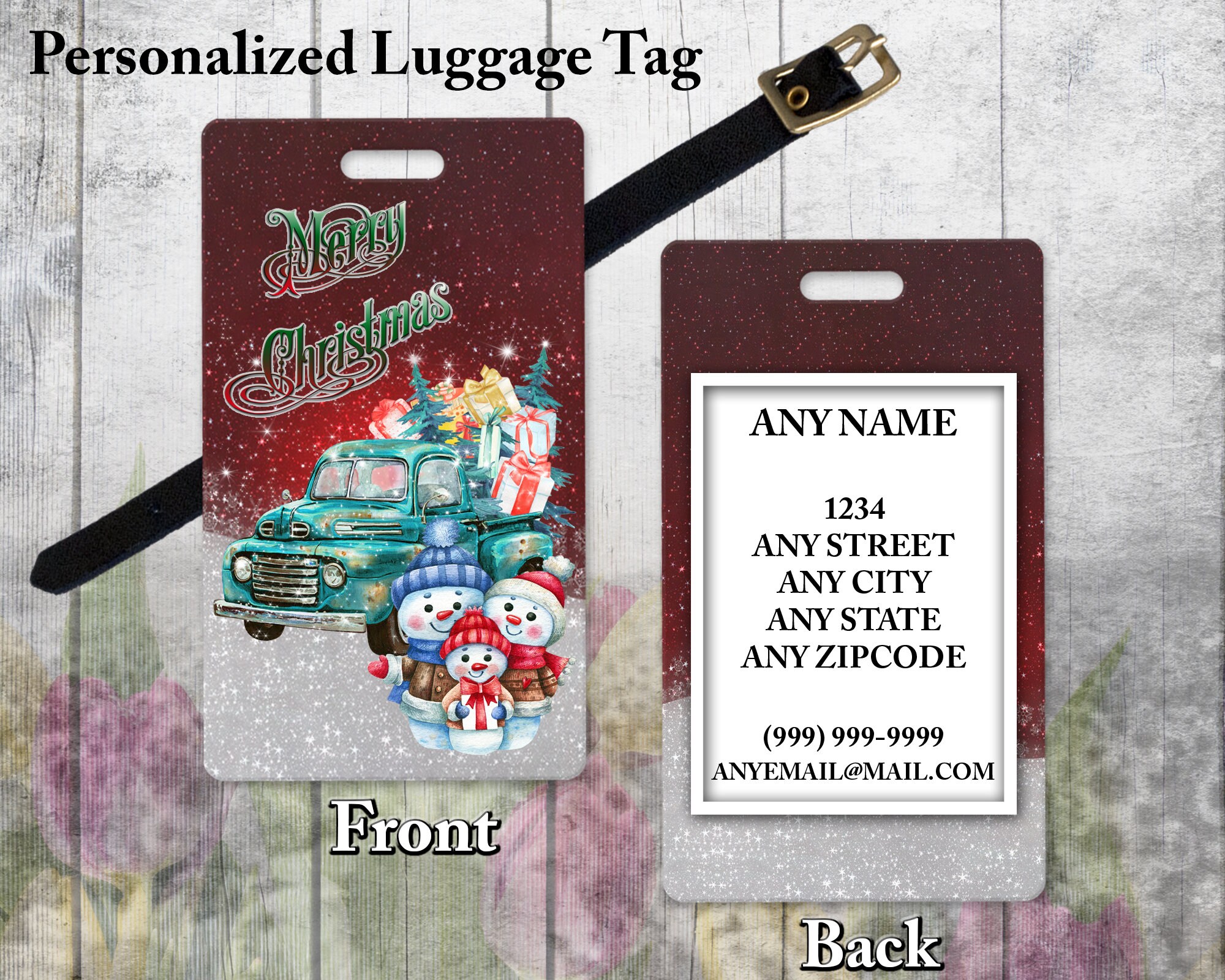 Personalized Luggage ID Tag with Leather Strap - Merry Christmas Classic Pick Up Truck with Snowman Family - Travel Accessory Christmas Gift