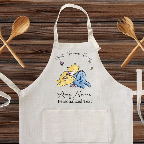 Personalized Winnie the Pooh Best Friends forever Linen Kitchen Apron, customized cooking apron for kids and Adults, Custom BFF design gift