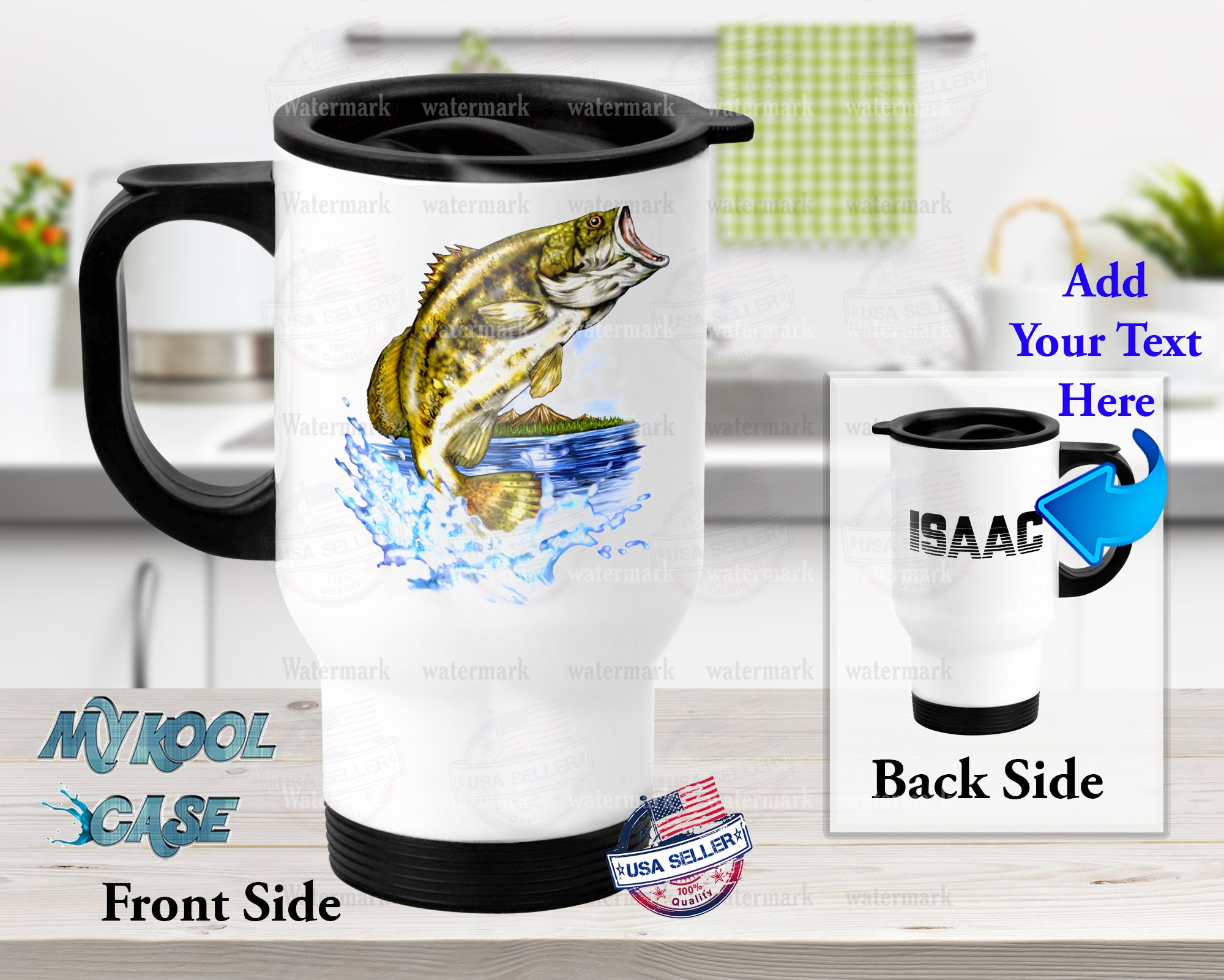 Fish Large Bass Fishing Design - Stainless Steel Travel Mug 14 oz with  handle - Personalized with your Text - Dual Insulated Travel Mug