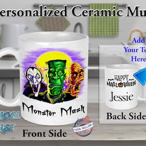 Halloween Monster Mash Dracula Frankenstein Mummy Ceramic Mug -  Monsters Mummy Trick or Treat Design - Personalized with your Name or Text
